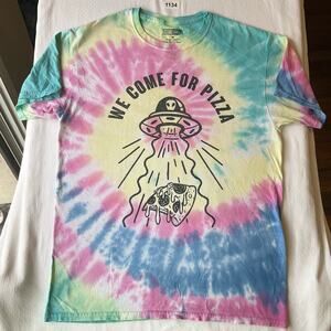 Thirty Single Men’s Short Sleeve Tie Dye T-shirt size M, Blue, We Come For Pizza